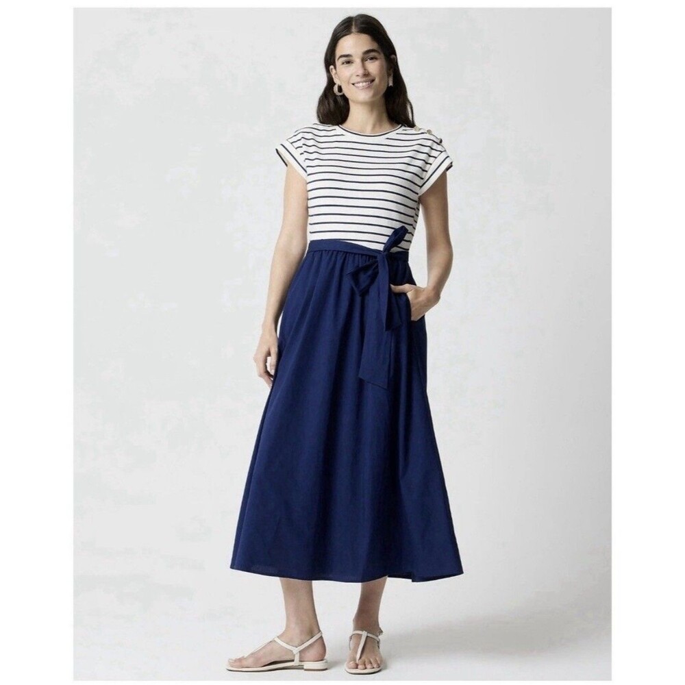 J Crew Navy White Strip Button Shoulder Cap Sleeve Mixy Midi Dress Size Small